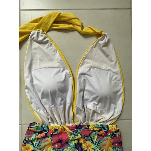 Cocoship Swim One Piece Swimsuit Halter Floral Color Block Swimwear - Picture 6 of 10